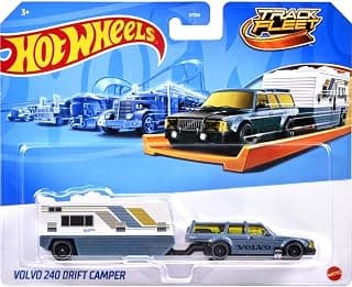 Hot Wheels Track Fleet, 1:64 Volvo 240 Drift Camper Die-Cast Toy Vehicle, Combined Cab & Trailer That Works On Tracks 3 Years & Above, Grey