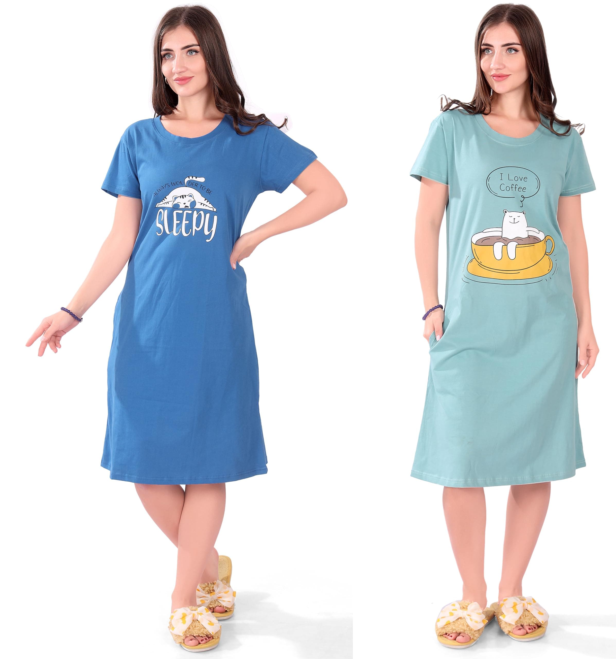 Slumberbe Printed Knee Length Pocket Night Dresses for Women | Cat Lover | Premium Soft Cotton Nighty | Blue and Maroon