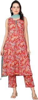 W for Woman Red Floral Printed Sequined Pure Cotton A-line Kurta, Straight Pants and Teal Printed Dupatta