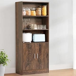 ABOUT SPACE 5 ft Kitchen Cabinet - 5 Tier Wooden Storage Cabinet with 3 Open Shelves & 2 Magnetic Door Crockery Cabinets, Easy to Assemble for Home Living Room (Walnut - L 57 x B 25.5 x H 158 cm)