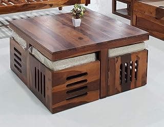 Sheesham Wood Center Coffee Table Set with 4 Stools for Living Room Home Hall Solid Wood Tea Table Wooden Furniture (Provincial Teak Finish)
