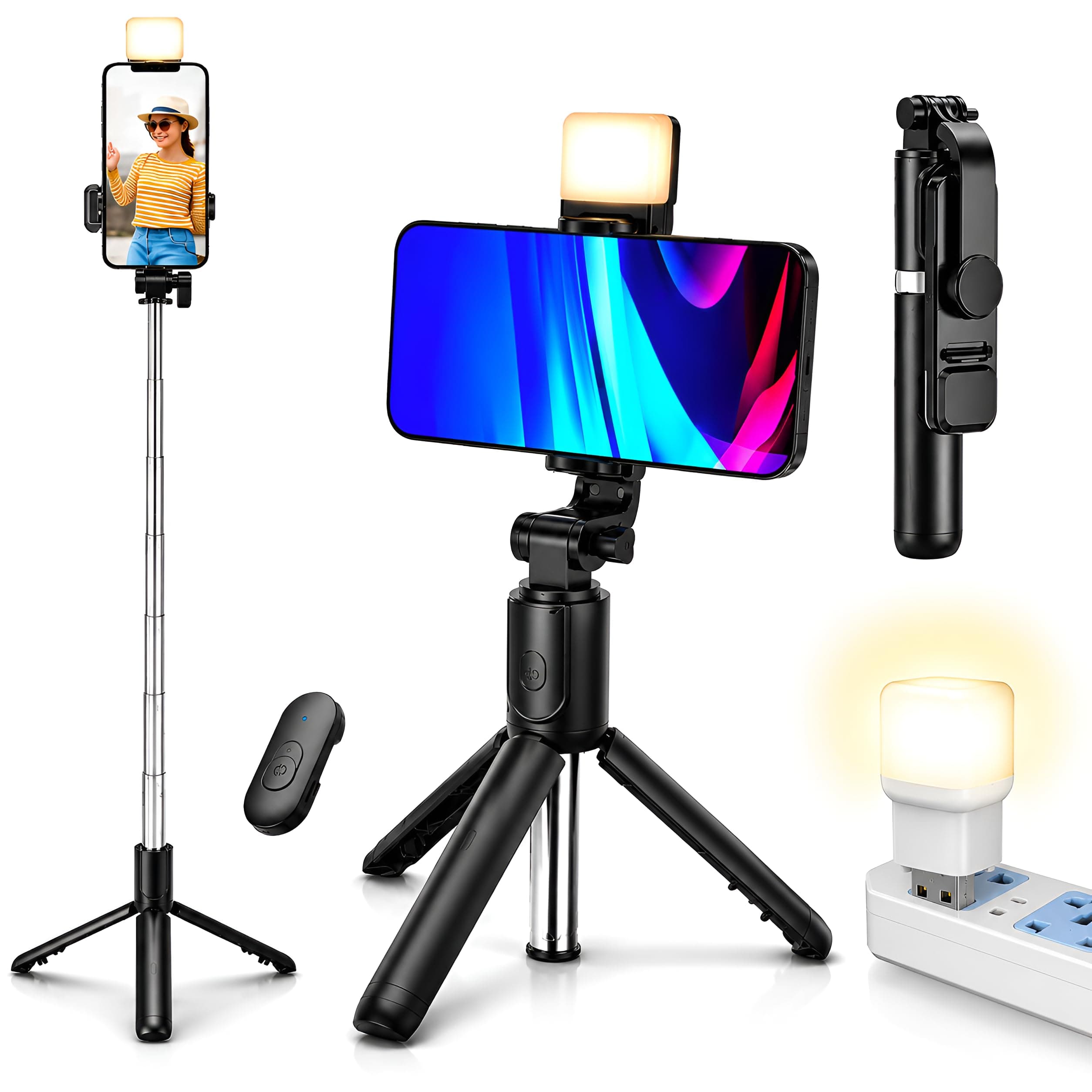 Blushinsta Selfie Stick Tripod with Light, Tripod Stand for Phone with Light, 3 in 1 Design Selfie Stand, Rechargeable LED Light with Two Brightness Levels with Bluetooth Remote