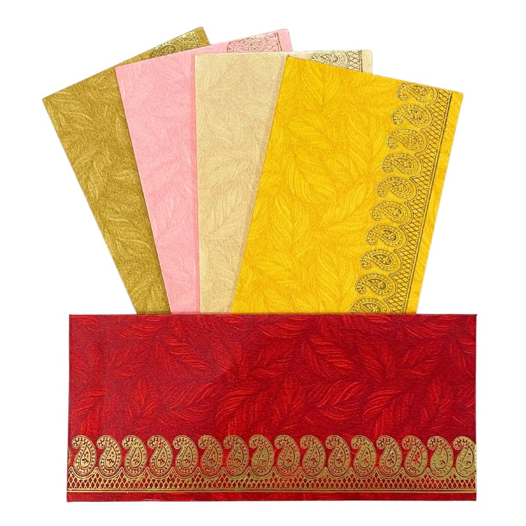 Vanya Creations Pack of 100, Rectangle Shape Metallic Paper Shagun Envelopes for Gifting Cash Sagan Lifafa Wedding Occasion Money, 18 X 8 cm, Multicolored 5 Colours of 20 Each - Ambi Design