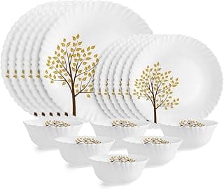 CELLO Tree of Life Dazzle Series Opalware Dinner Set of 18 Pieces for Family of 6 | Bone-Ash Free & Leadfree Opal Glass, Microwave & Dishwasher Safe, Plates & Bowls Crockery Set for Dinning & Gifting