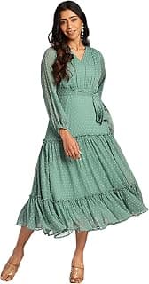 Janasya Women's Dobby Chiffon Woven Design Tiered Dress