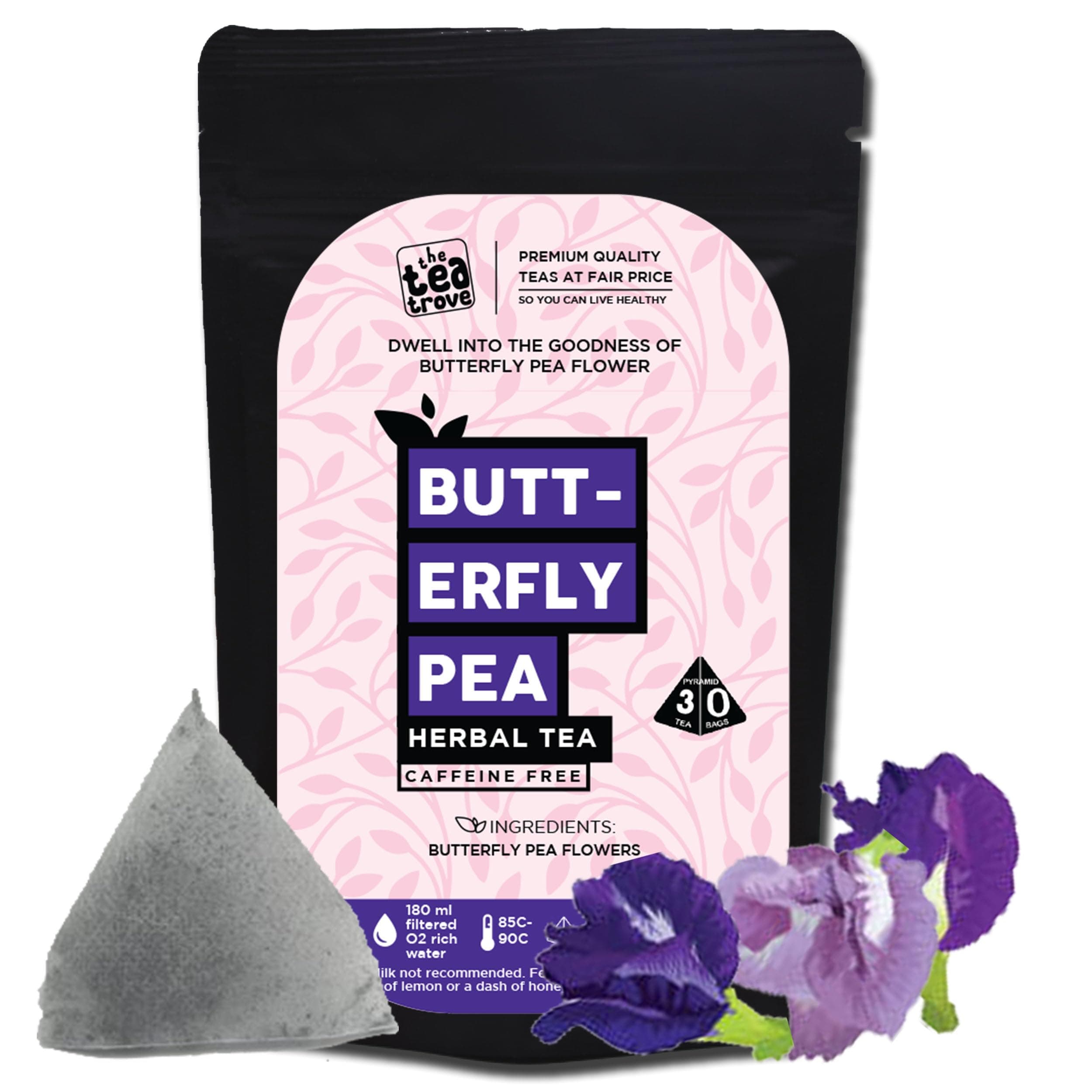 the tea trove Blue Butterfly Pea Flower Tea Bags - 30 Eco-Friendly Aprajita Flower Tea Bag In Resealable Pouch - Caffeine Free Blue Pea Flower For Coolers, Cocktails| Pack Of 1, 18 Gram