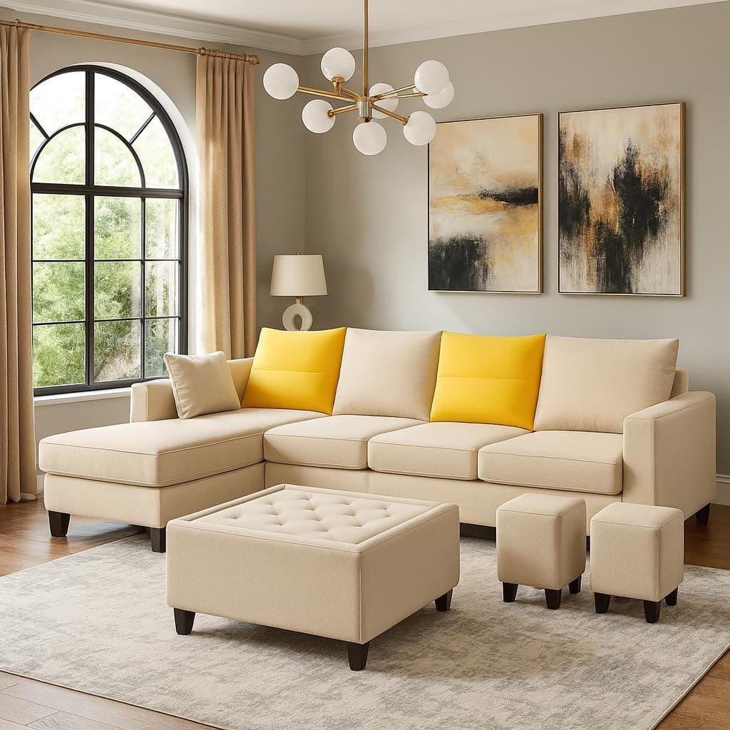 CASASTYLE Texon 8 Seater Fabric LHS L Shape Sofa Set with 1 Centre Table & 2 Puffy (Yellow-Cream) Velvet Finish | Comfortable Sectional Sofa for Living Room