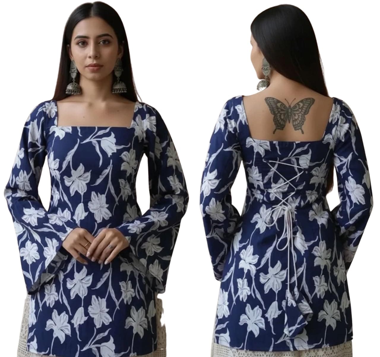 ALENJAN Rayon Floral Print Short Kurti for Women | Square Neck Long Sleeve Top for Women | Criss Cross Back Desing Kurti | Soft Breathable Fabric | Relaxed Fit | Casual and Office Wear