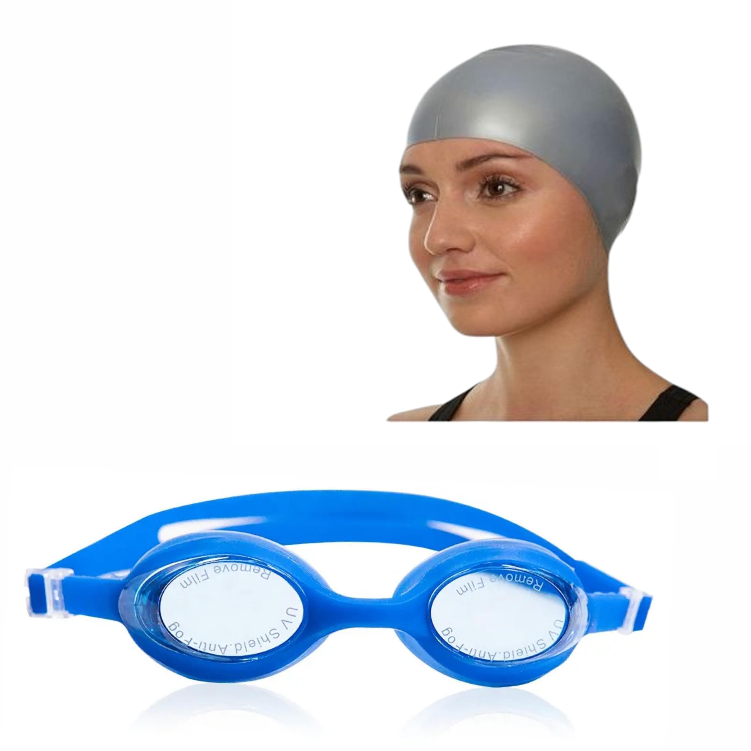 Swimming Set Combo with Goggles, Cap, Nose & Ear Plugs (Blue Grey)