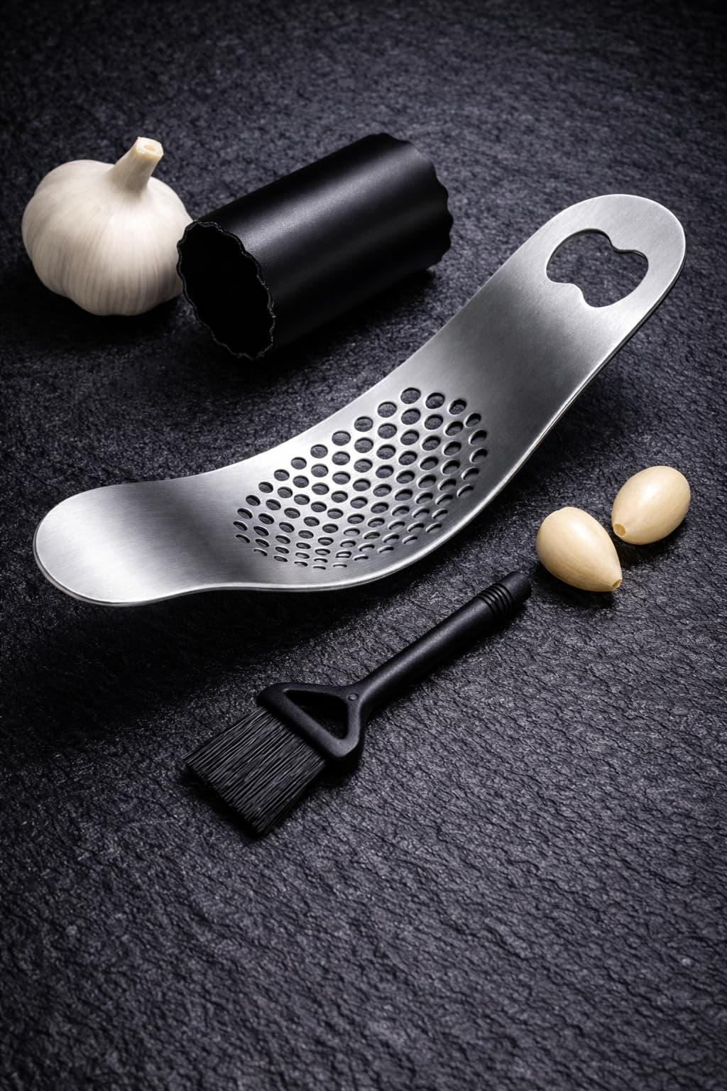 Top Chef Garlic Press with Bottle Opener & Peeler Combo | Stainless Steel Garlic Crusher with Silicone Peeling Tube | 3-in-1 Odor-Free Kitchen Tool