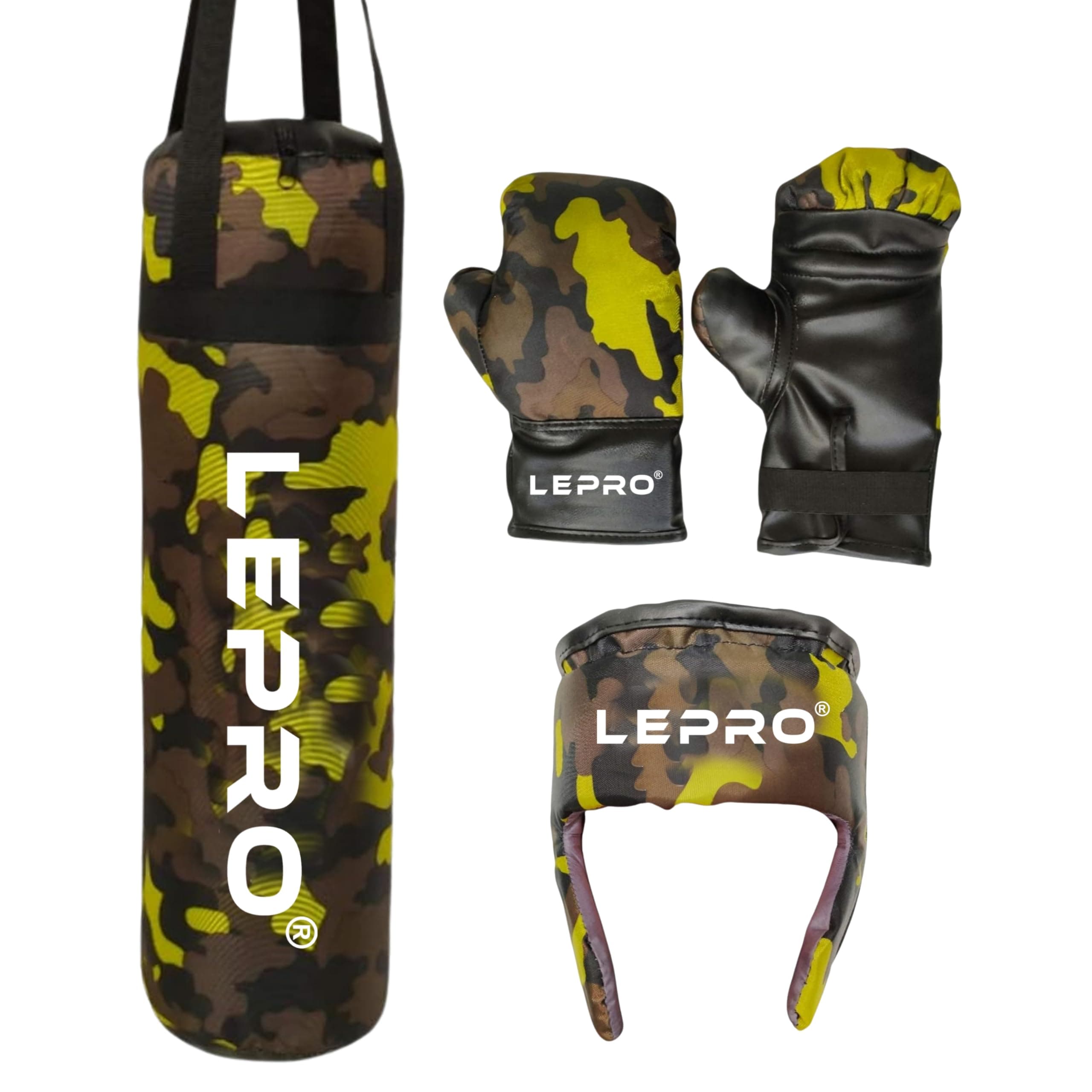 LEPRO Kids Boxing Kit, Kids Punching Bag Set, Hanging Boxing Bag with Boxing Gloves & Headgear, Kids Boxing Set for 7-12 Years for Karate Muay Thai Kick Taekwondo Training (Camo Green)