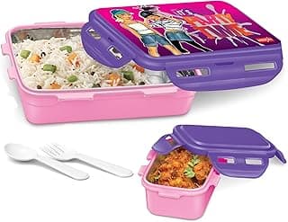MILTON Mini Fun Treat Lunch Box, Inner Stainless Steel School Kids Tiffin 650 ml, Leak Proof and Airtight Containers with Plastic Spoons, Pink