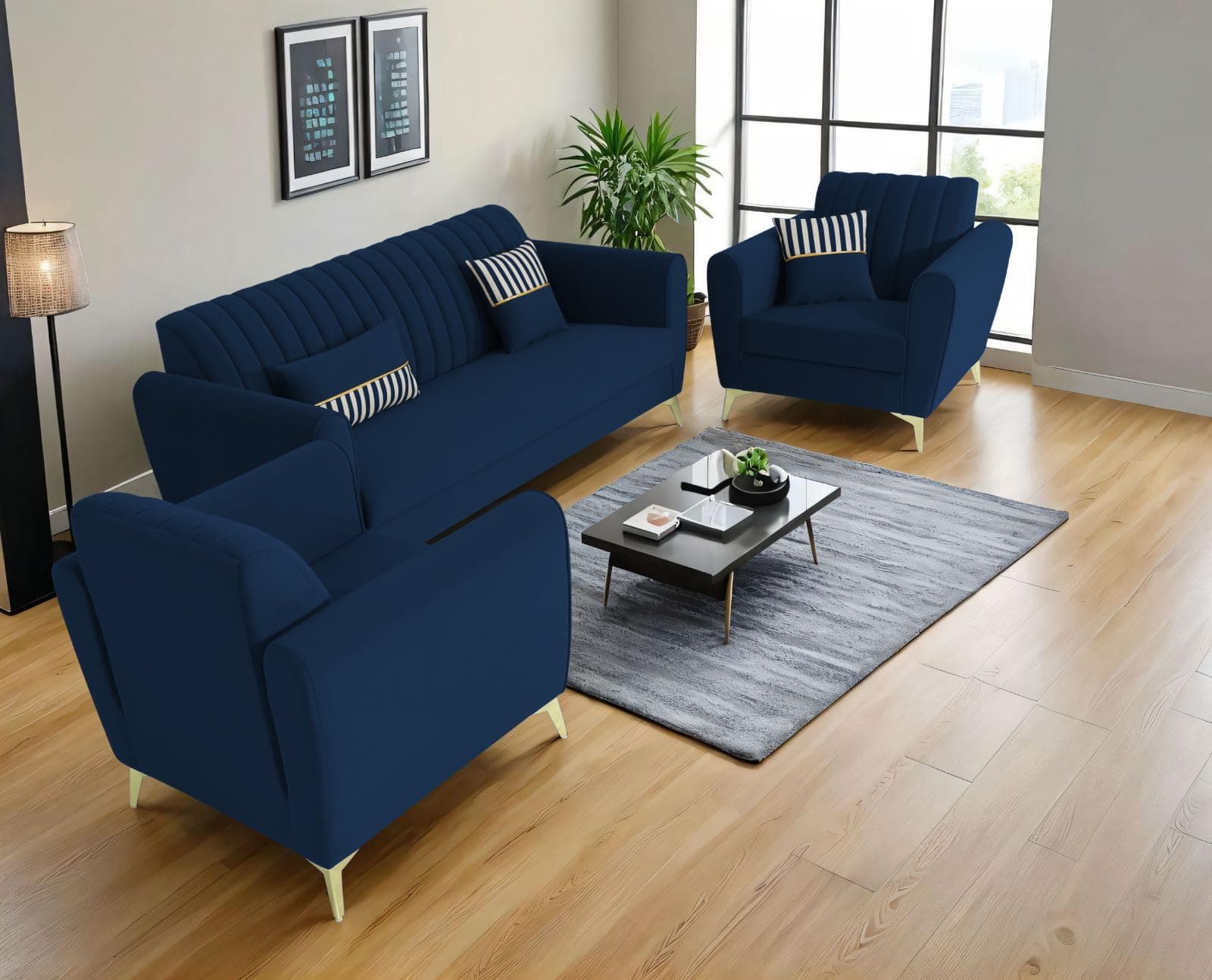 Adorn India Premium Luster 3-1-1 Sofa Set | Velvet Suede Fabric | 3-Year Warranty | Color Blue with Golden Legs & Striped Pattern Cushion