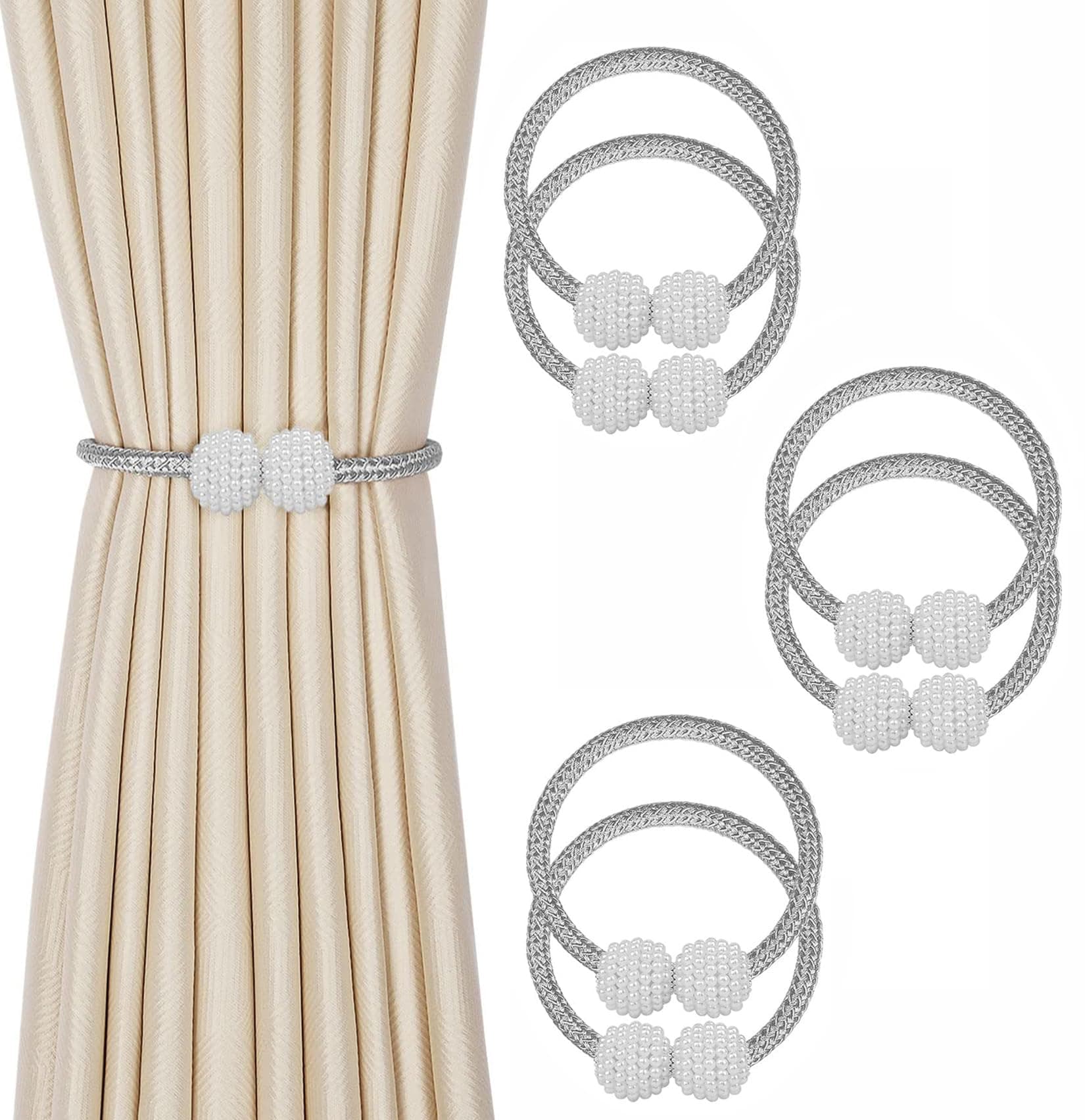 INOVERA (LABEL) 6 Pieces Magnetic Curtain Tiebacks - Decorative Windows Curtain Tie Rope - Drapery Holdbacks for Home, Office (Grey)