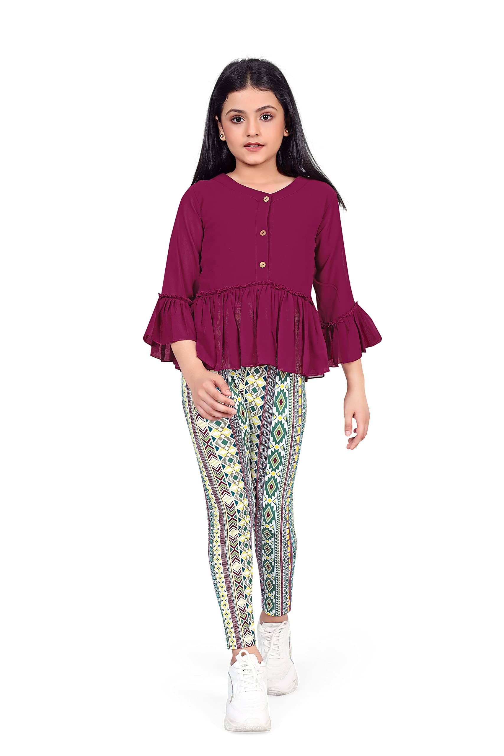 Jwalin Girl’s Maroon Georgette Top with Geometric printed Jagging’s Apparel Combo Set