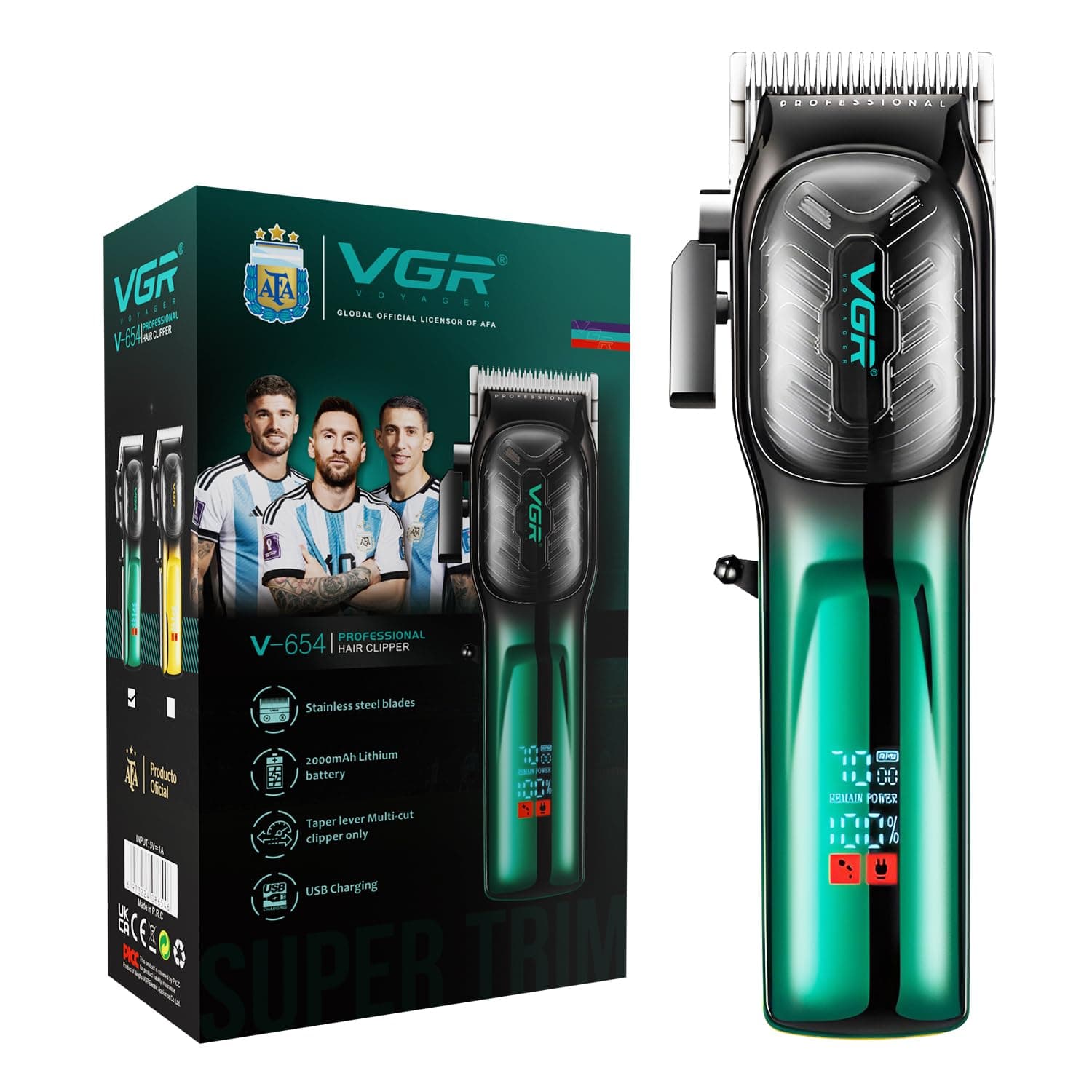 VGR V-654 Professional Salon Quality Hair Clipper For Men | 200 Minutes Runtime, 2000mAh Lithium Battery, 7000 RPM DC Motor, Taper Lever Adjustment, LED Display, Cord/Cordless Uses - (Green)