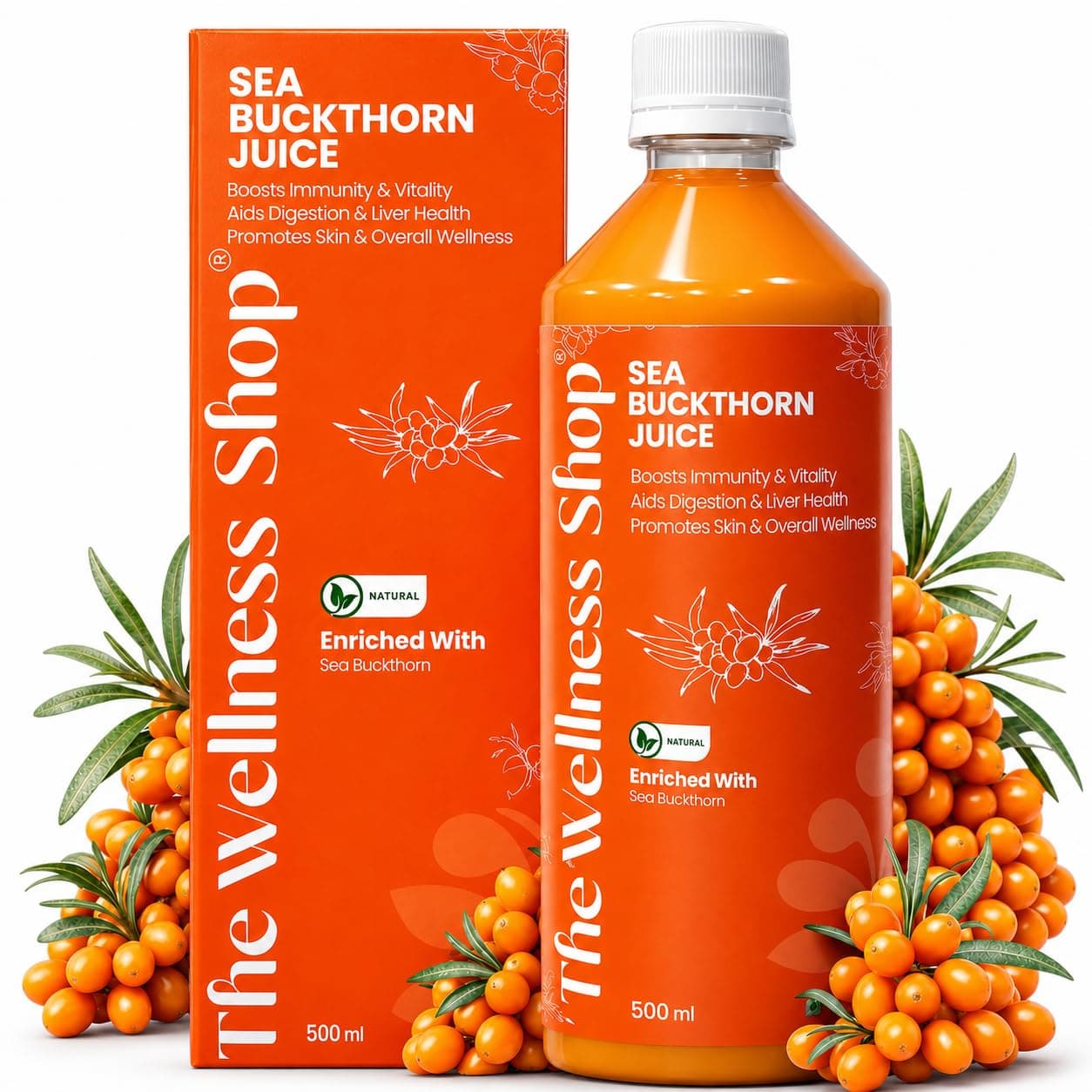 The Wellness Shop Himalayan Sea Buckthorn Juice 500ml | Cold Pressed Seabuckthorn Berry Pulp Concentrate with Natural Vitamin C Omega 3 6 7 9, Antioxidants | Supports Immunity Skin Glow Gut Health
