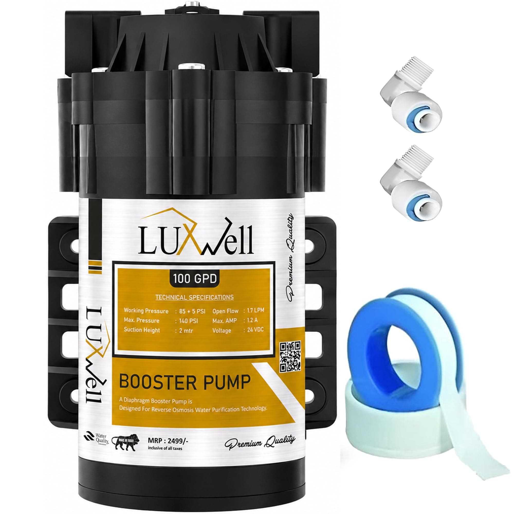LUXWELL RO Booster Pump 100 GPD, Copper Winding/Noiseless Copper, Compatible with All Types of RO Water Purifier, Universal Type Motor, 2 Year Warranty, Free Connector and Free Taplon Tape