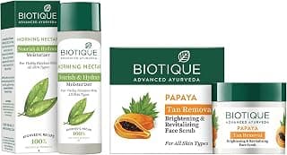 Biotique Morning Nourish & Hydrate Moisturizer Lotion For Visibly Flawless Skin All Skin Types, 120Ml & Papaya Tan Removal Brightening & Revitalizing Face Scrub, 75 Gm
