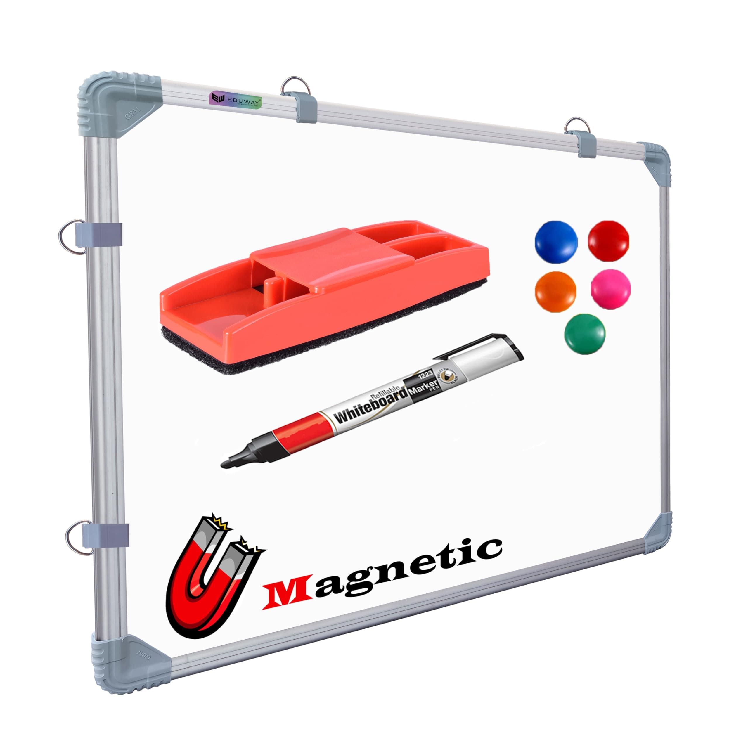 Eduway (Magnetic) 2x3 Feet White Board with (Marker, Duster and Magnets) | Ideal Use for Home, Office, Kids with Sliding Hanging Clips, Robust Aluminum Frame and Smooth Melamine Surface (89x59 Cms)