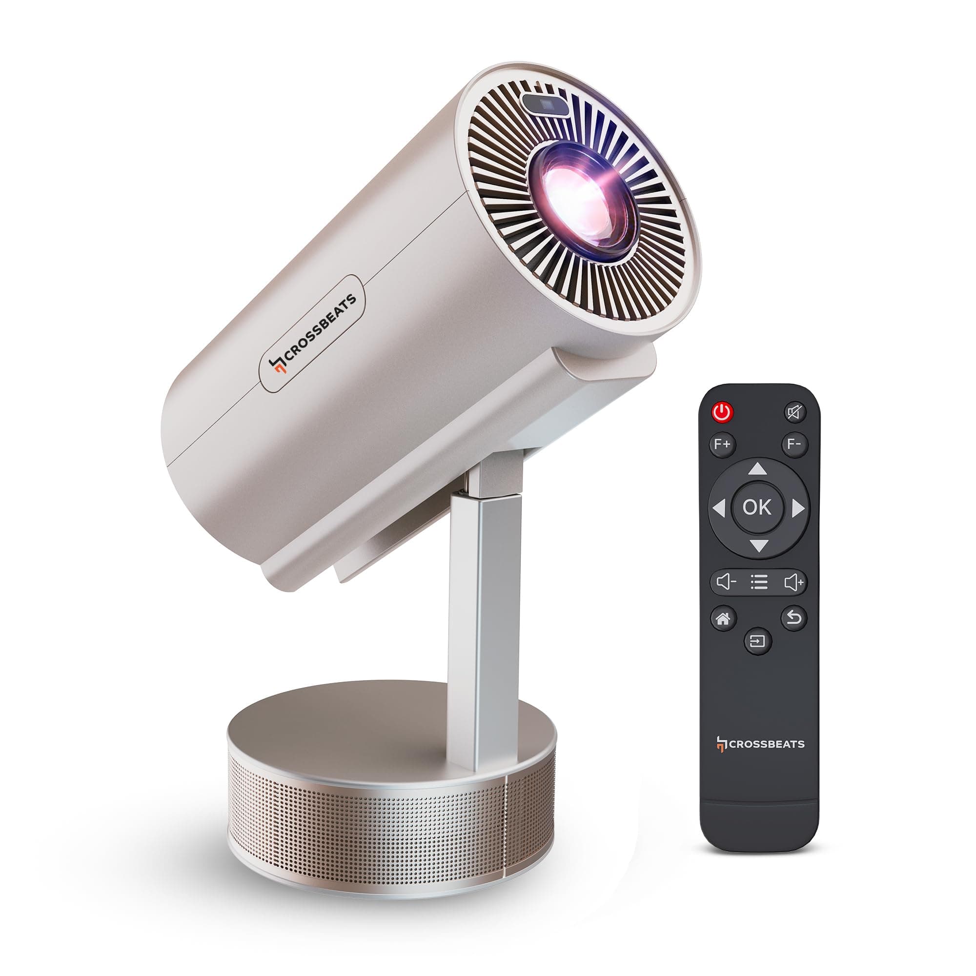 Crossbeats Lumex Pro Smart 4K Support, Mini Projector for Room Native 1080P, Upto 14000 Lumens Android 13 Built-in Apps Prime, Portable Design, Speaker WiFi 300" Wide Display Gold