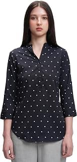 Tokyo Talkies Women's Polka Dots Mandarin Collar Top | Roll-Up Sleeves | Smart & Casual | Perfect for Work & Everyday Chic | Tops for Woman | Women Tops | Stylish Top