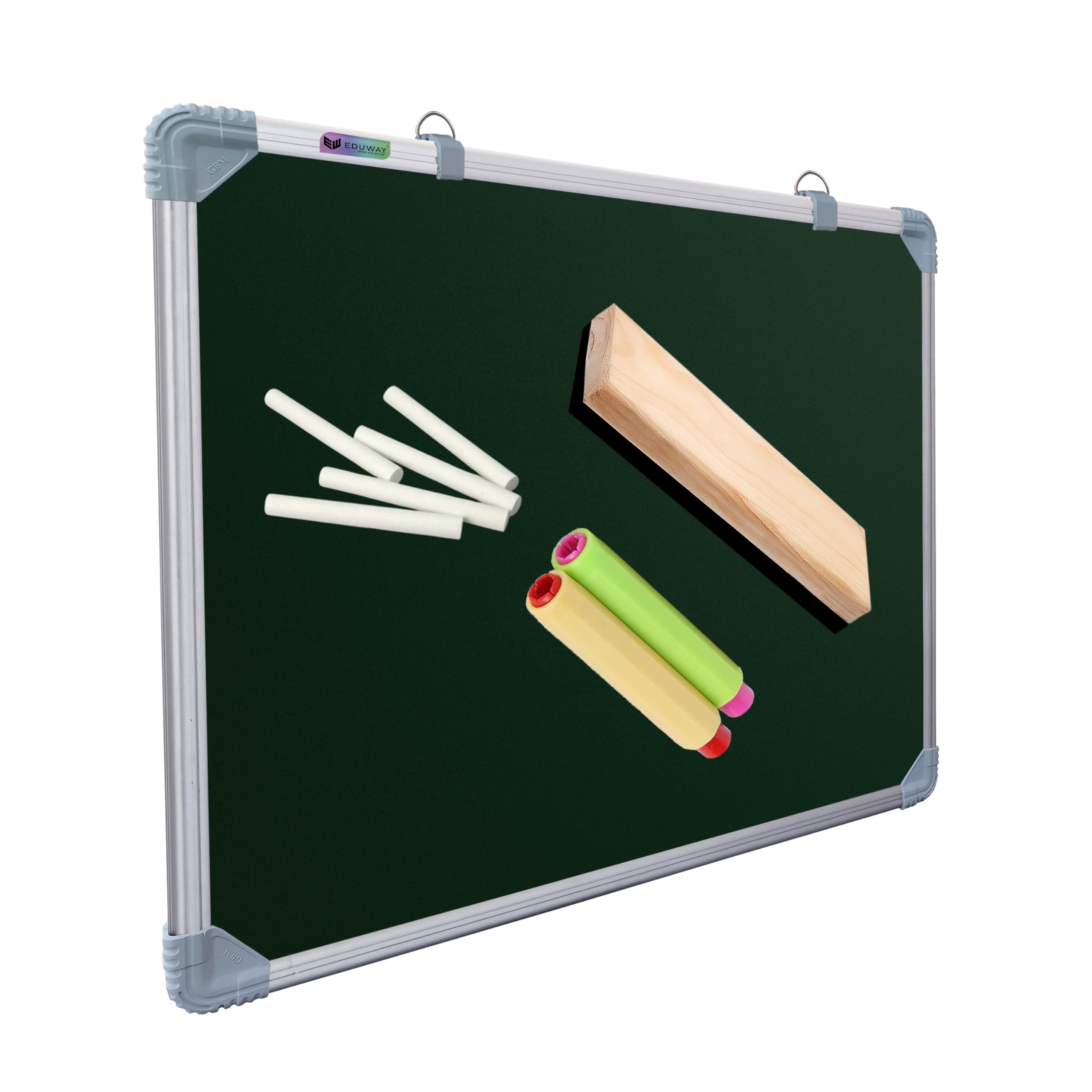 Eduway 2x2 Feet Kunj Non-Magnetic Double-Sided Chalk Board & White Board (Combo Pack) with 1 Wooden Duster, 2 Chalk Holders, 10 Non-Dust Chalk Sticks for Kids, School, Teaching, (59x59 Cms) - Green
