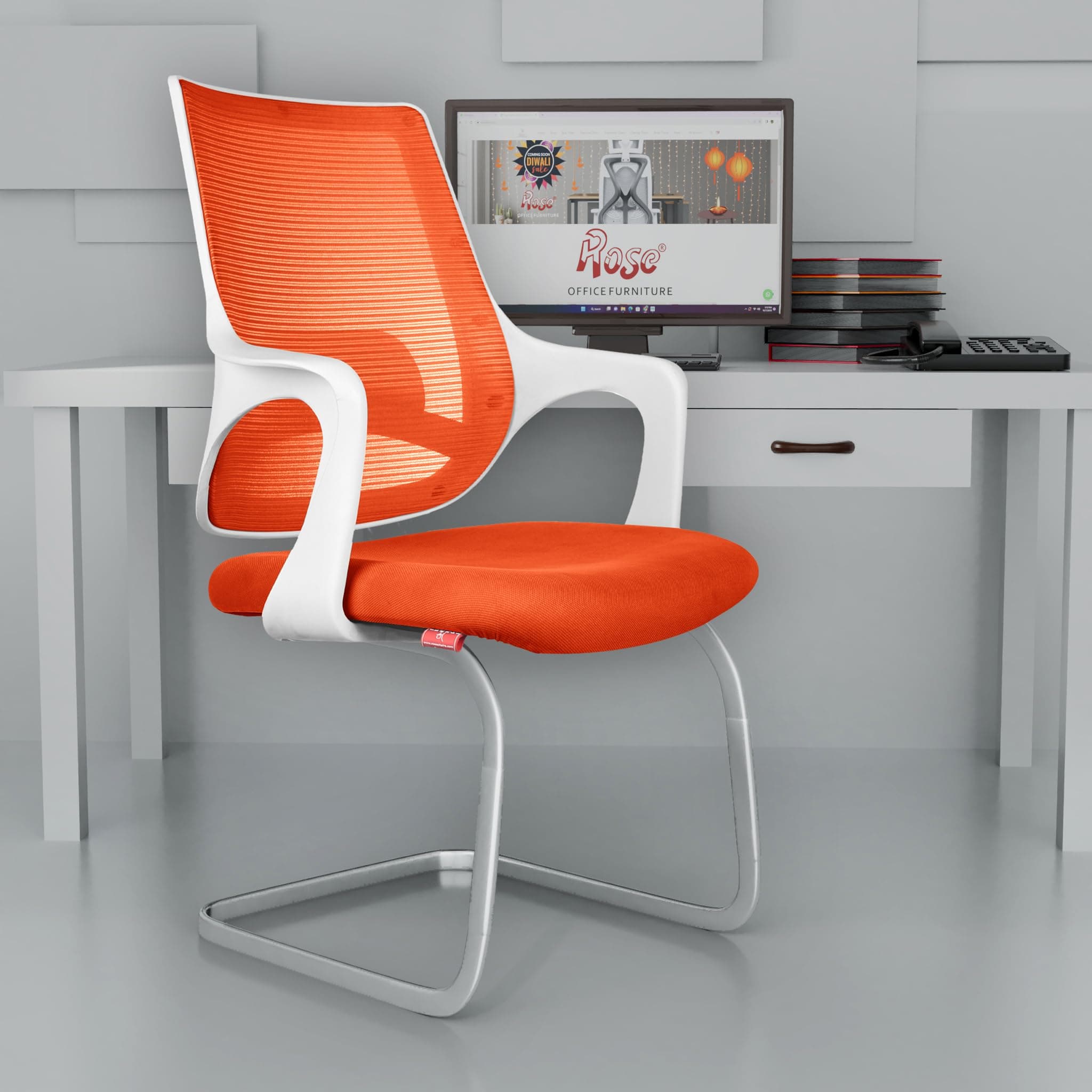 ROSE® Mono | 3 Years Brand Warranty | Visitor Chair, Fixed, Reception, Conference, Meeting, Waiting, Guest Seating, Office Lobby, Non-Revolving, Steel Frame (White & Orange)