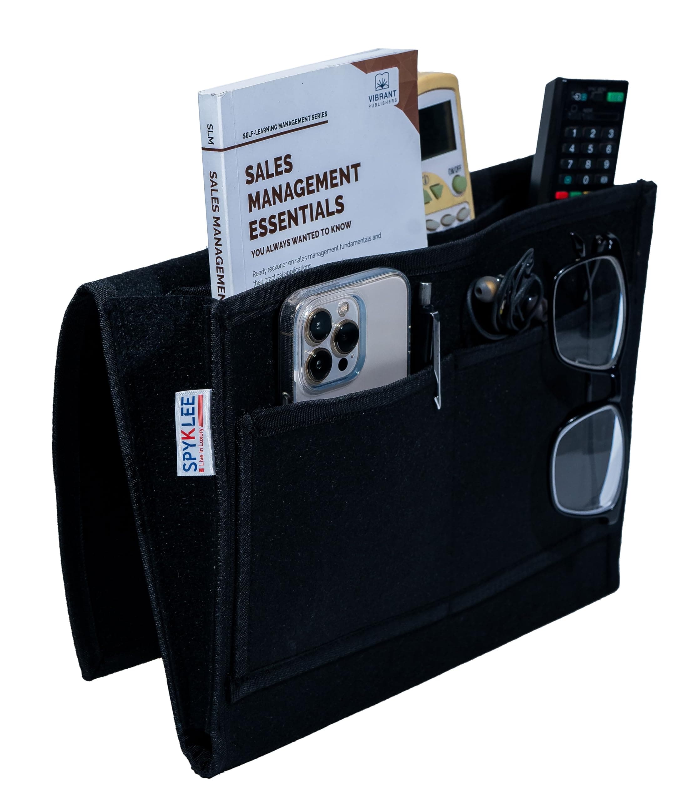SPYKLEE Premium Felt Hanging Bedside Organizer Bag with 5 Pockets | Large Capacity Sofa & Bunk Bed Storage Caddy | Space Saving, Cable Hole | for Books, Magazines, Mobile, Remote & Accessories - Black