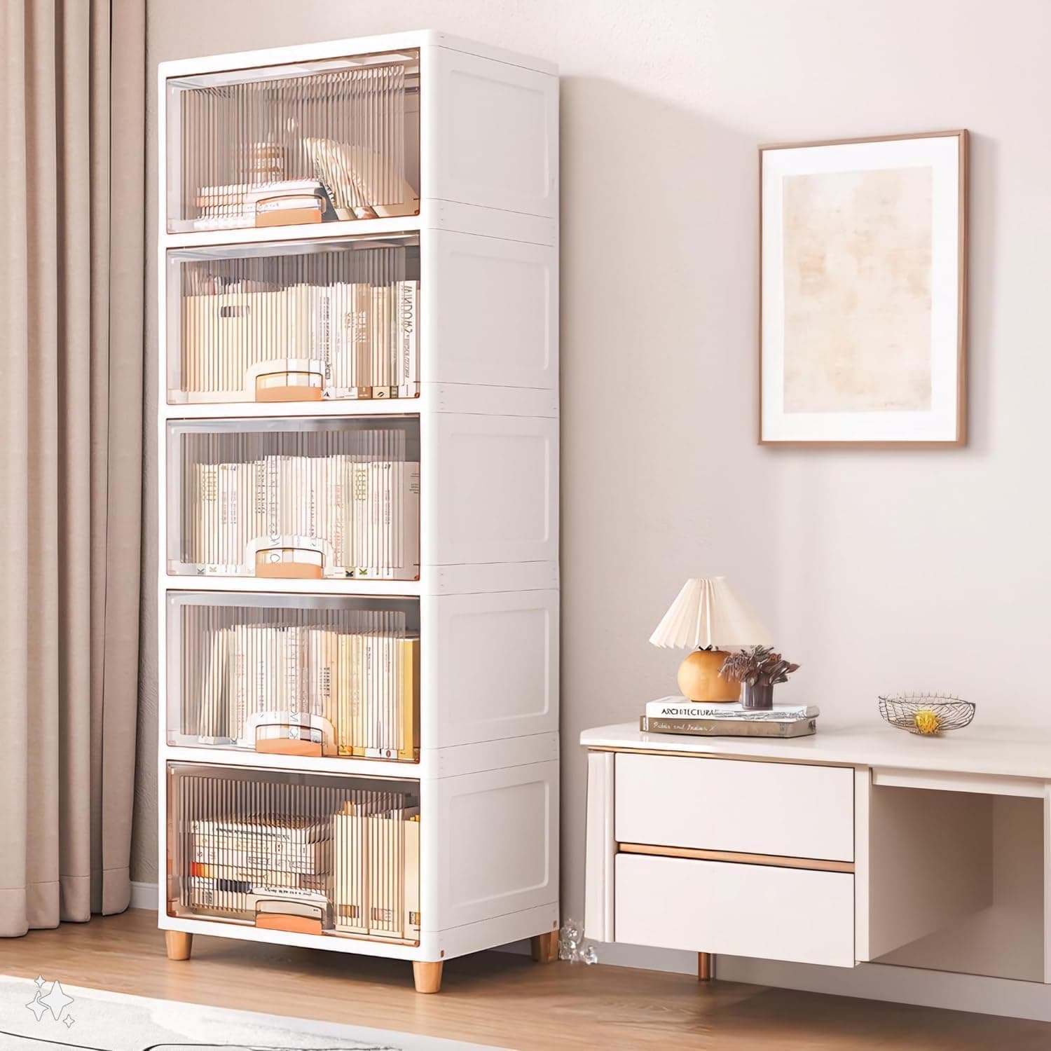 Mevigo 5- Tier Kids Toy Storage Organizer with Door & Stand| Foldable Plastic Cabinet for Baby Clothes, Books & Playroom|Stackable and Space Saving Organiser for Kitchen,Home Office- White