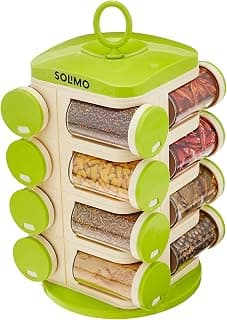 Amazon Brand - Solimo Revolving Spice Rack Set | 16 pieces | Plastic | Tiered Shelf | Tabletop | Green
