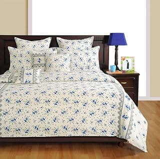 Swayam Pure Cotton Double Bedsheet with 2 Pillow Covers | 210 TC Soft Breathable Bed Sheet | Floral Printed | Size 90 x 108 inch | Comfortable & Durable for Bedroom - Off-White & Blue
