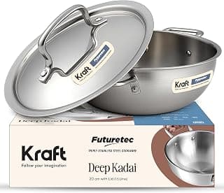 Kraft Futuretec Triply Stainless Steel Kadai with Lid – 1.5 Litre (20 cm), 2.5 mm Thick Extra Deep Kadai | Family Meals and Daily Cooking | Induction & Gas Compatible | 5 Years Warranty