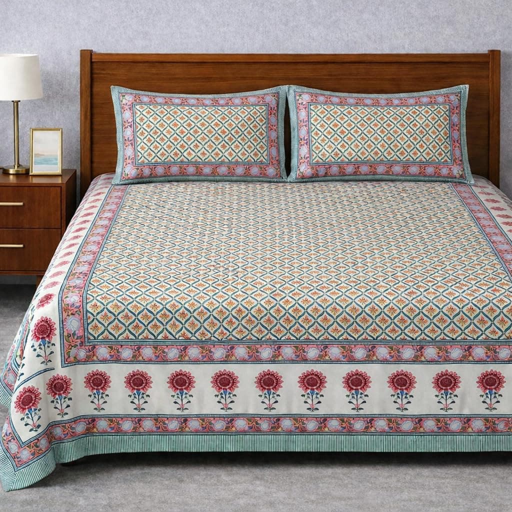 ElanorHomes 240 TC Cotton Double King Size Bedsheet | Ultra-Soft & Skin-Safe | Breathable Summer Comfort | 93x108 inches with 2 Pillow Covers (Amber Motif)