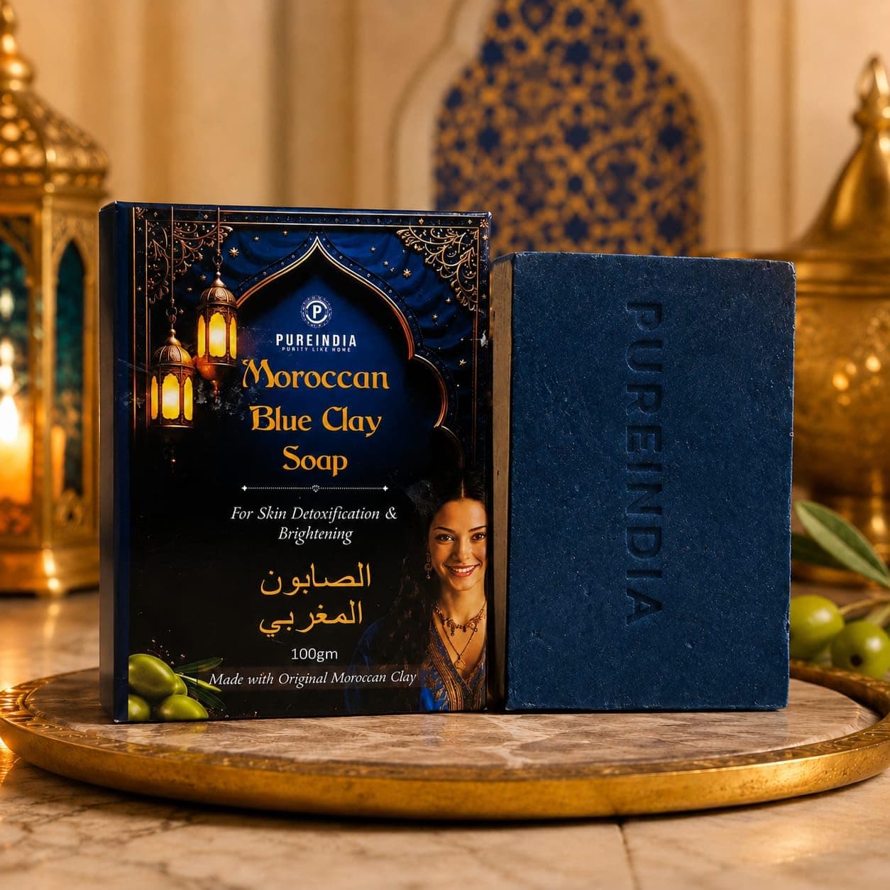 Pure India Moroccan Blue Clay Soap with Kojic Acid, Shea Butter & Olive Oil | Handmade Natural Face & Body Soap | 100g, Pack of-1