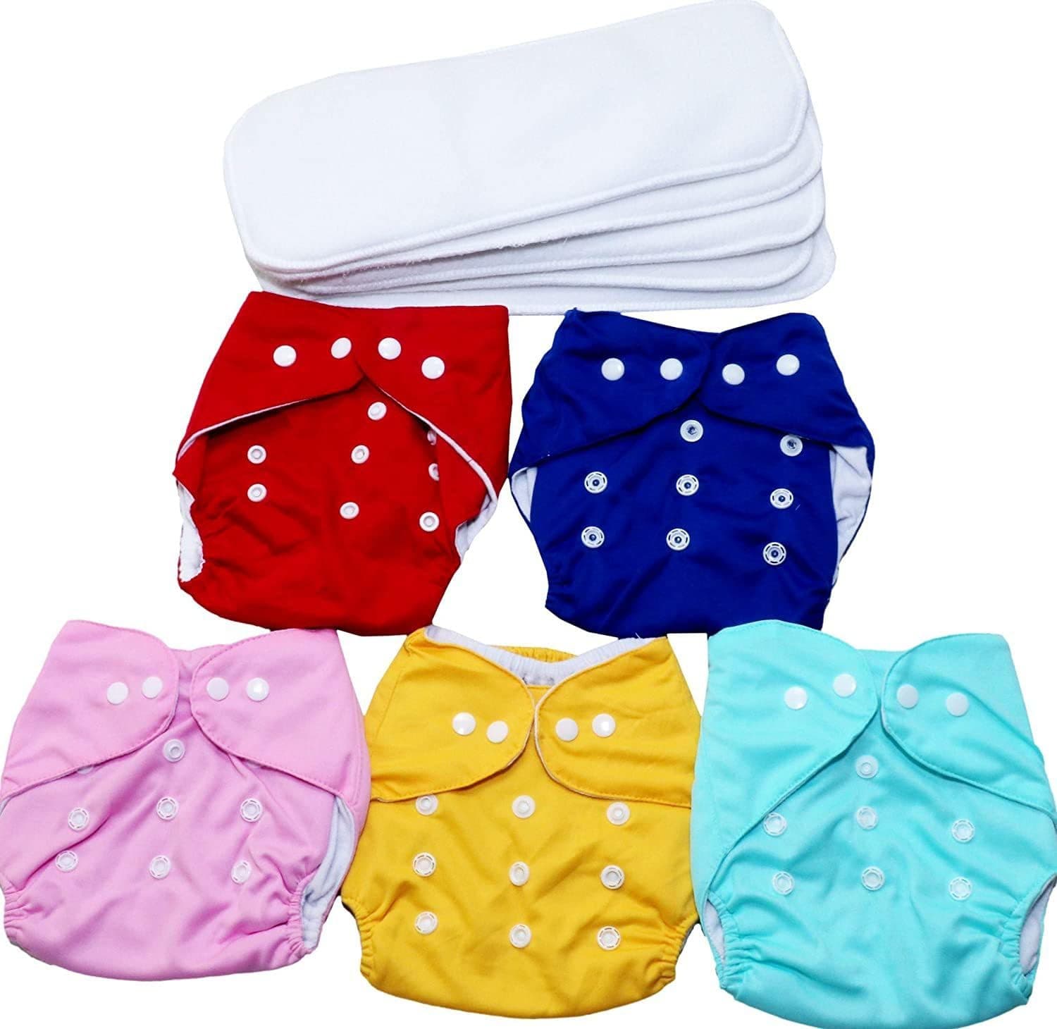 KINDAR CARE cloth diapers for babies | baby cloth diapers | washable, reusable diaper for new born baby, 0 to 3 years | Pack of 5 cloth diaper with pack of 5 Inserts Pads