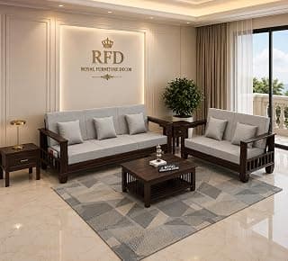 Royal Furniture Decor Sheesham Wooden 5 Seater Sofa Set, Walnut, 3+2 | Rosewood Cushion Sofa, Side Newspaper Holder, For Living Room, For Home & Office, Lounge