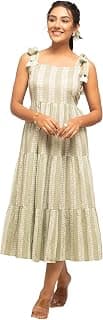 FIORRA Women's Fit And Flare Knee Length Cotton Block Printed Western Knee-Length Dress
