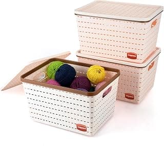 Nayasa Gloria Plastic Basket for Storage | Vegetable & Fruit Basket | Multipurpose Storage Box and Organiser Basket with Lid | Big - Set of 3 | Peach