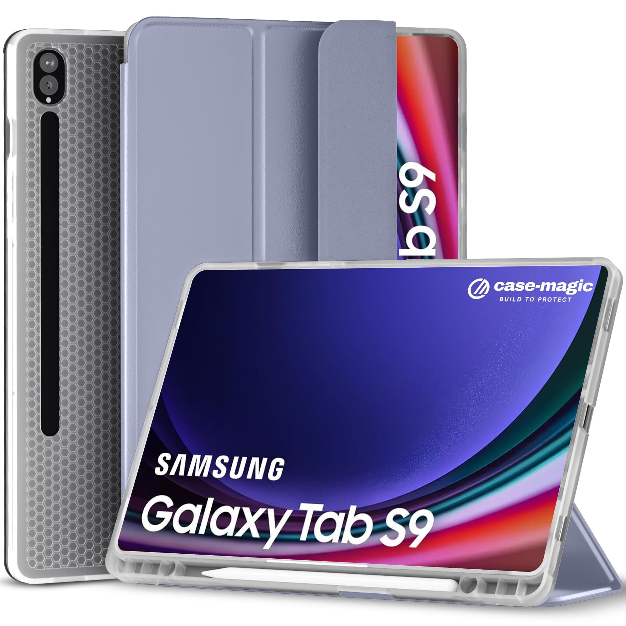 Case-Magic Premium Folio Case Cover for Samsung Galaxy Tab S9/ S9 FE 11 inch (2023) with S Pen Holder, Auto Sleep/Wake Feature, Trifold Stand, Pencil Holder| PU Exterior, TPU Transparent Back (Grey)