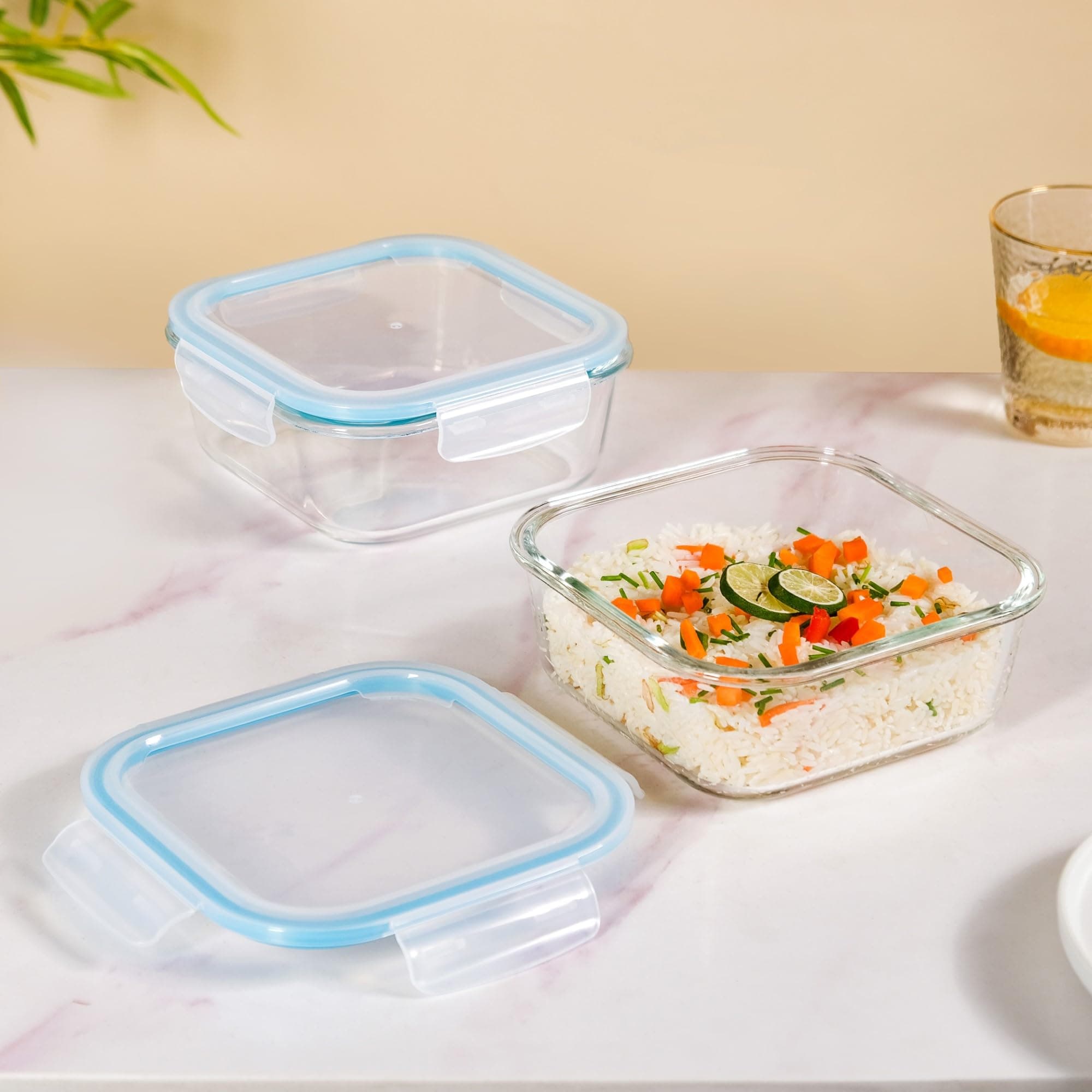 Nestasia Transparent Glass Lunch Box for Office Use (Set of 2-1200ml Each) - Airtight Food Containers with Safety Lock | Microwave and Dishwasher Safe Glass Lunch Boxes for Women and Men