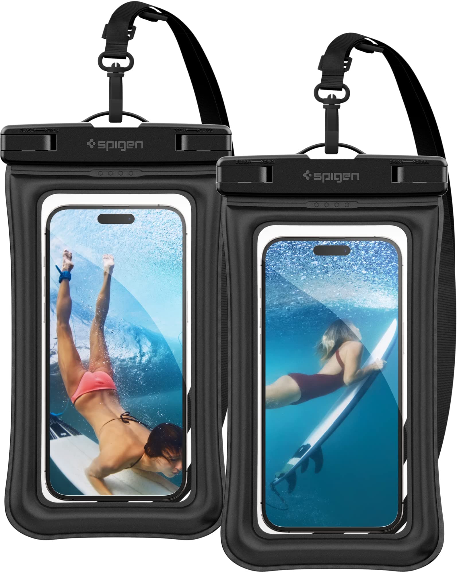 Spigen Floating Waterproof Phone Pouch [2 Pack] [IPX8 Certified] Universal Mobile Waterproof Pouch for iPhone 17/16/15 Pro Max Series, Samsung Galaxy, Pixel Series and More (Aqua Shield A610) - Black | Floating