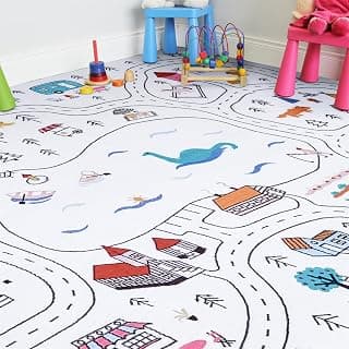 Estmy Washable City Road Map Kids Play Rugs Non Slip, 4x6 Cute Whimsical Nursery Rugs for Girls Boys Bedroom, Thin Pile Soft Stain Resistant Toy Car Play Mat Gift, Fun Classroom Playroom Carpet