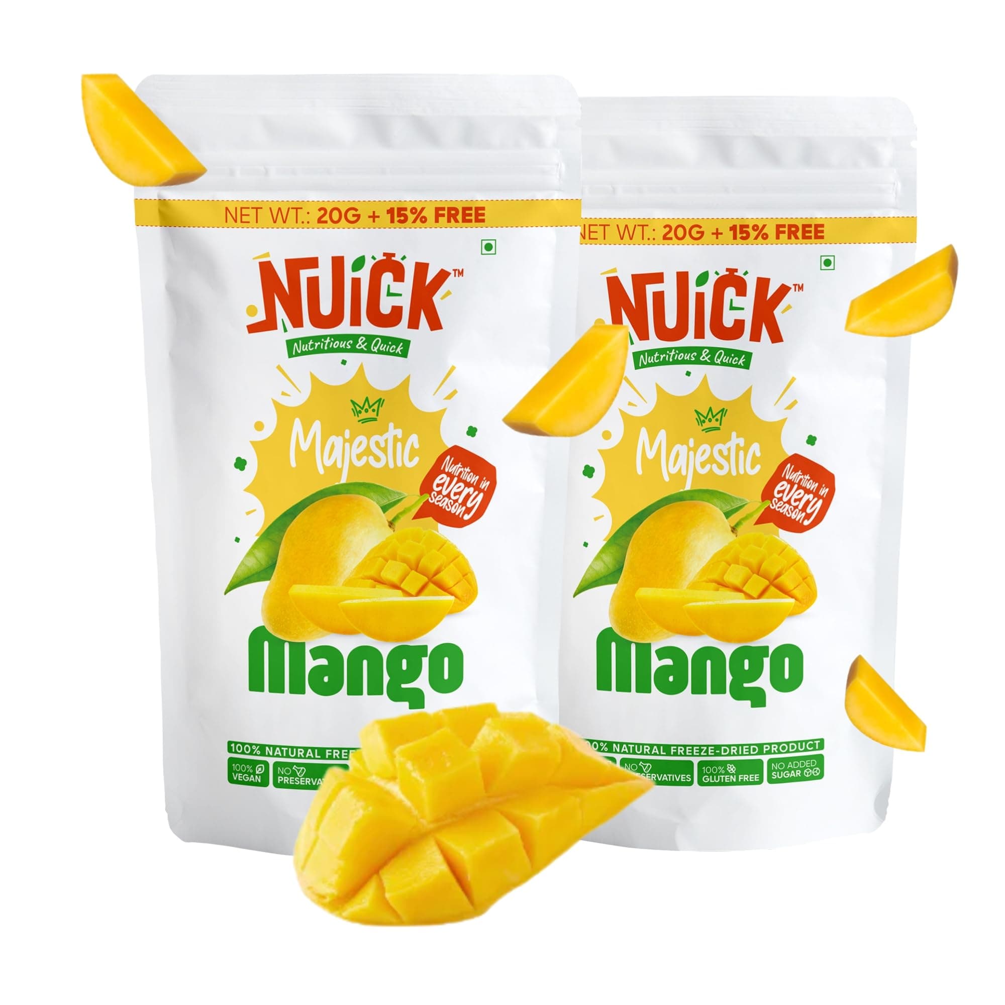 NUICK Freeze Dried Mango | Pack of 2 | 100% Natural fruit, No Preservative, No Added Sugar, Not Frozen | Nutritious and Crunchy Snacks for Kids and Adults