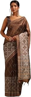 Soch Womens Tussar Geometric Saree With Kantha Embroidery