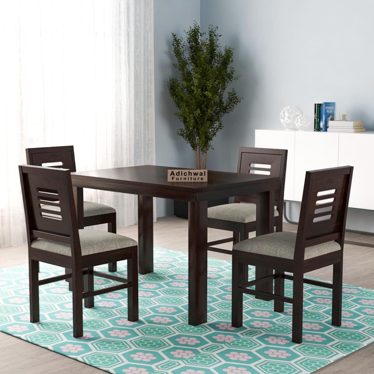 Adichwal Furniture Solid Sheesham Wood 4 Seater Dining Table Set with Cushioned Chairs for Dining Room | Living Room | Home & Office | Hotels Restaurant & Cafe (4 Seater, Walnut E)