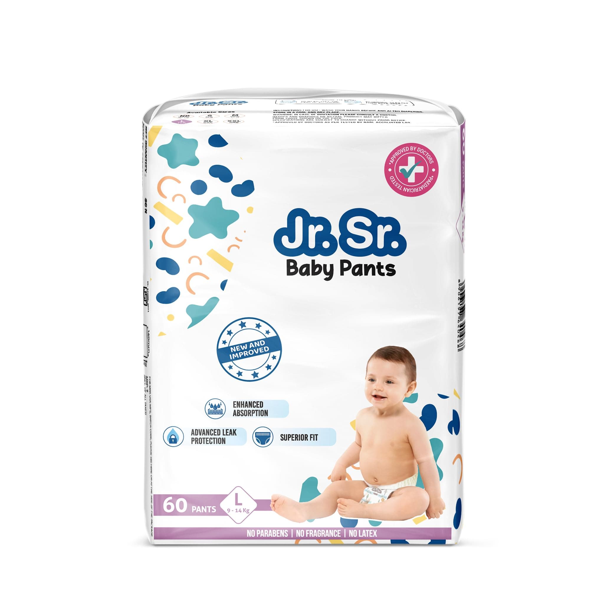 Jr. Sr. Baby Diaper Pants | Large (L) Size (9-14 kg), 60 Count | Pack of 1 | Upto 12 hr Absorption with Advanced Leak Protection | Safe For Babies Skin | Soft, Secure & Comfy