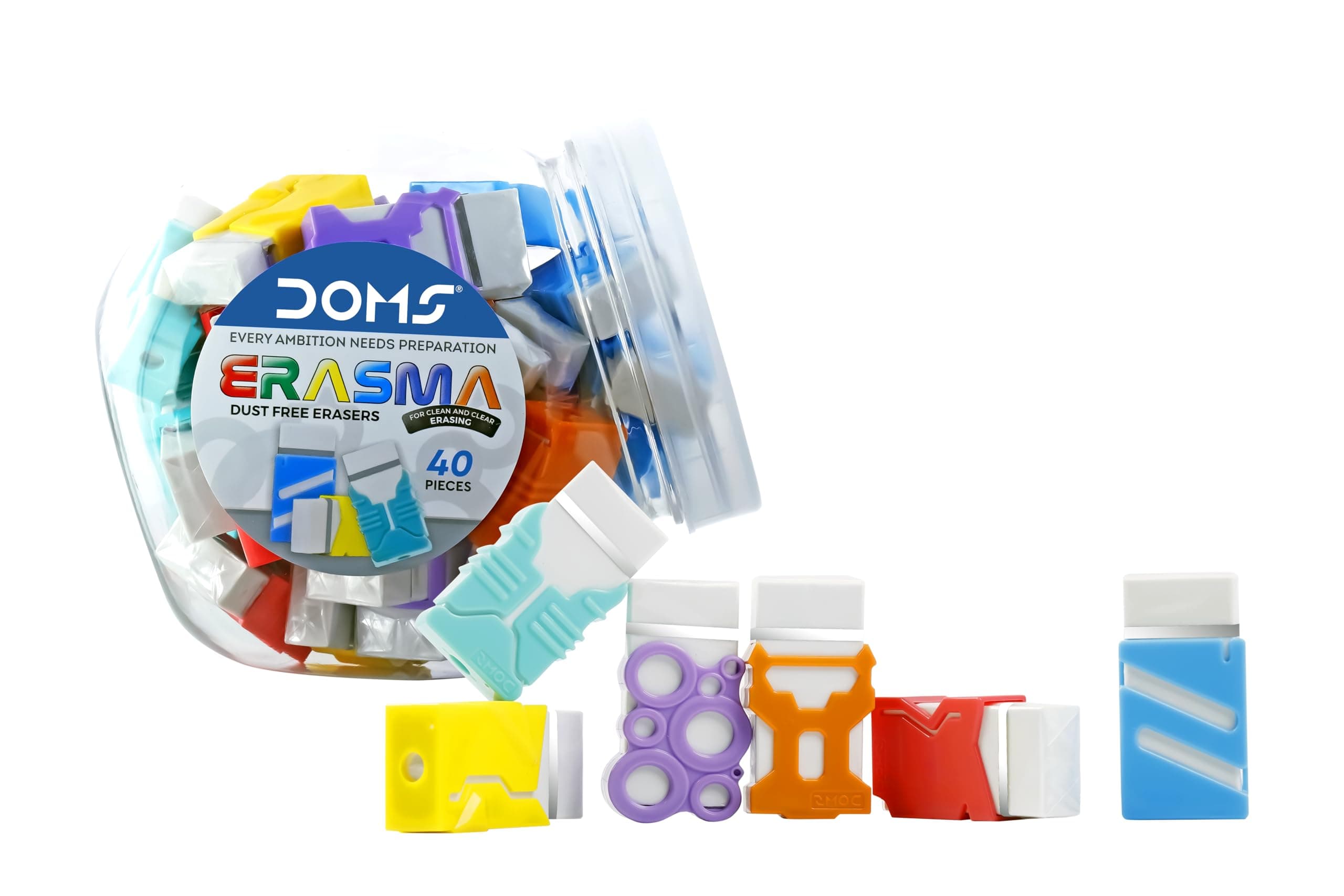 Doms Erasma Color Long Eraser Jar Pack | Non Toxic & Safe for Childrens | Dust Free & Smooth Erasing | for School & Stationery Use | Set of 40 Colorful Erasers