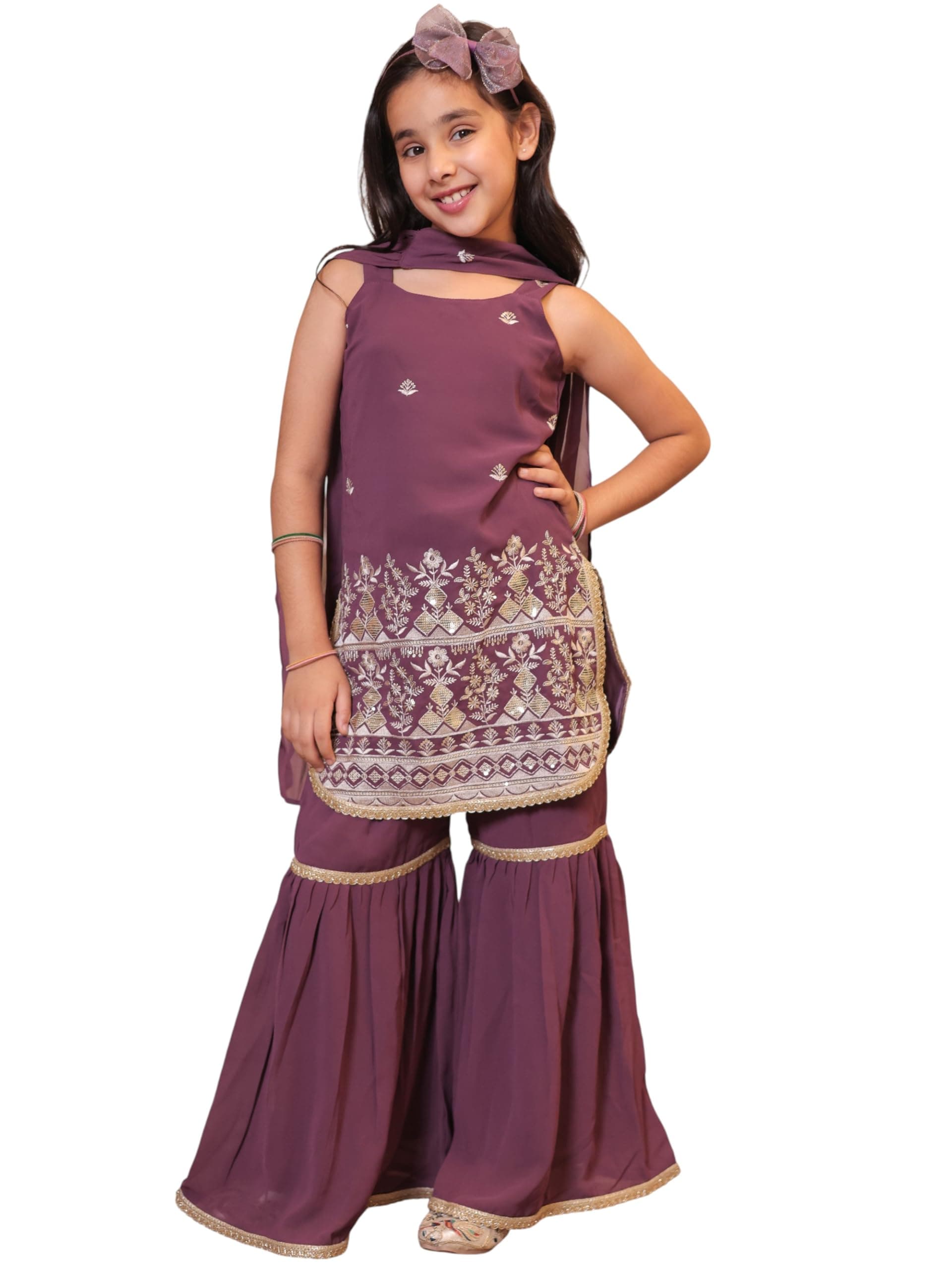 AJ DEZINES Girls Georgette Salwar Suit Set With Dupatta - Readymade Ethnic Wear | Kids Sharara Set For Girls | Festival & Party Outfit - Heavy Embroidered Kurti With Palazzo Style Sharara, Regular Fit