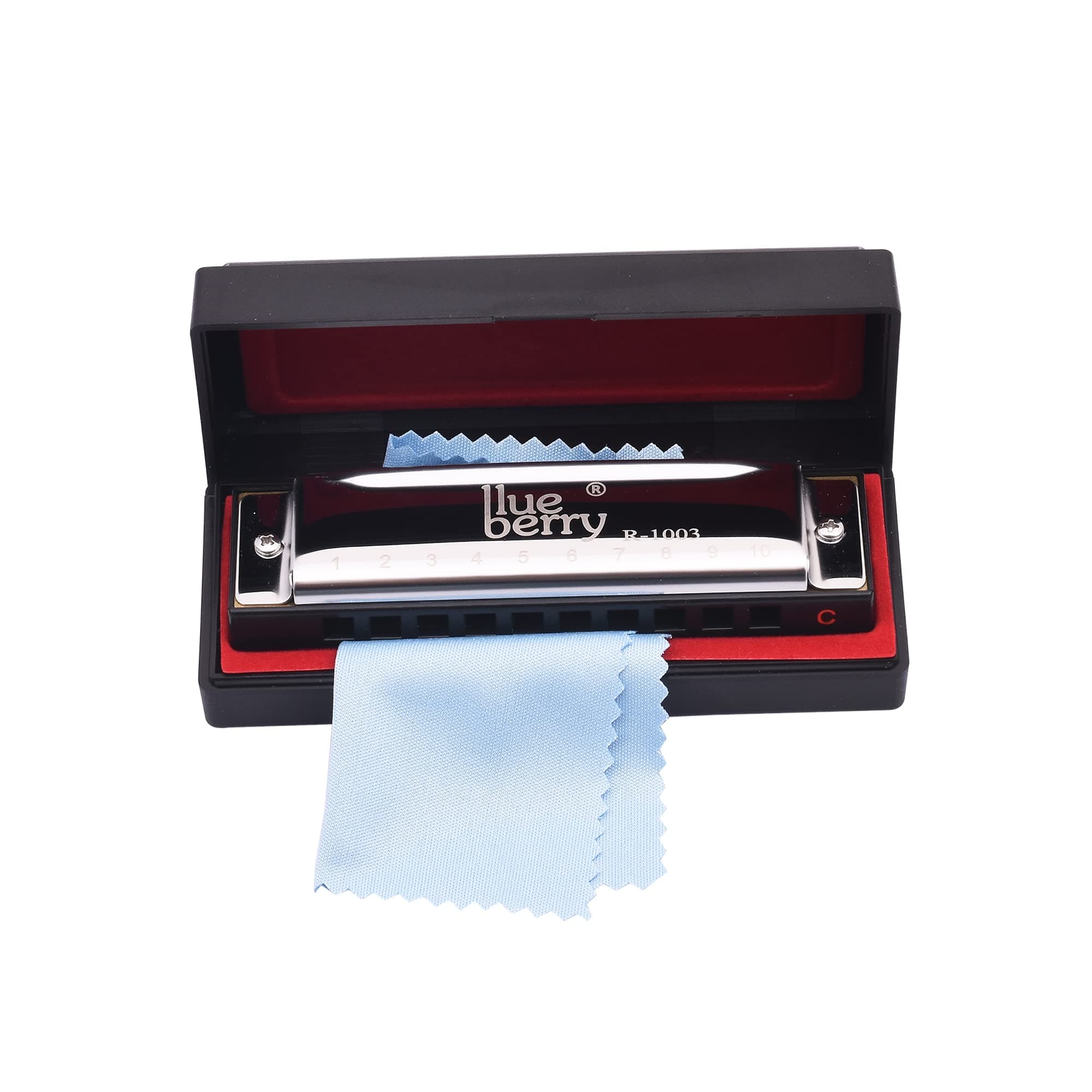 Blueberry R-1003 Professional Blues Harmonica - 10 Holes 20 Tones C Key Diatonic Blues Harp Mouth Organ Harmonica with Cover, for Adults, Professionals and Students (Chrome)